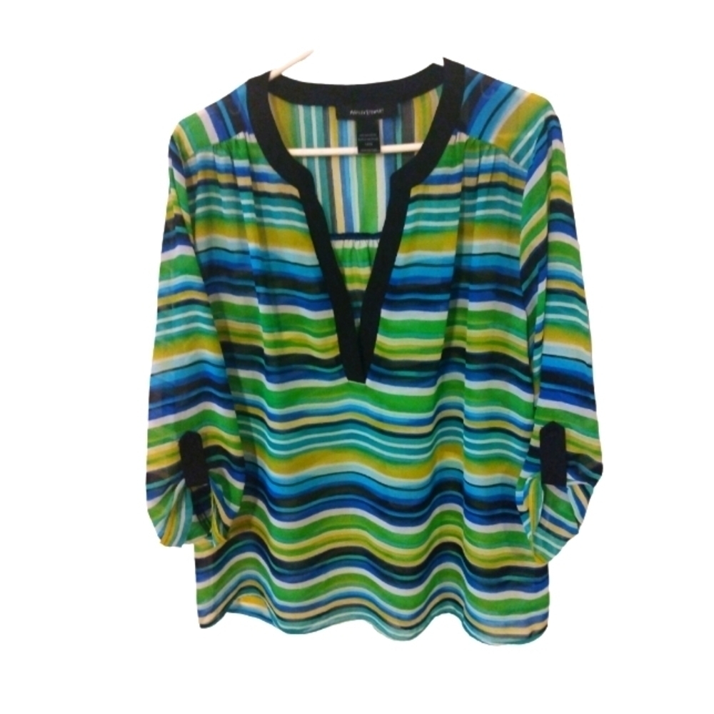Sheer Multicolor Tunic Ashley Stewart V-Neck Button 3/4 Sleeve Plus Size 14/16